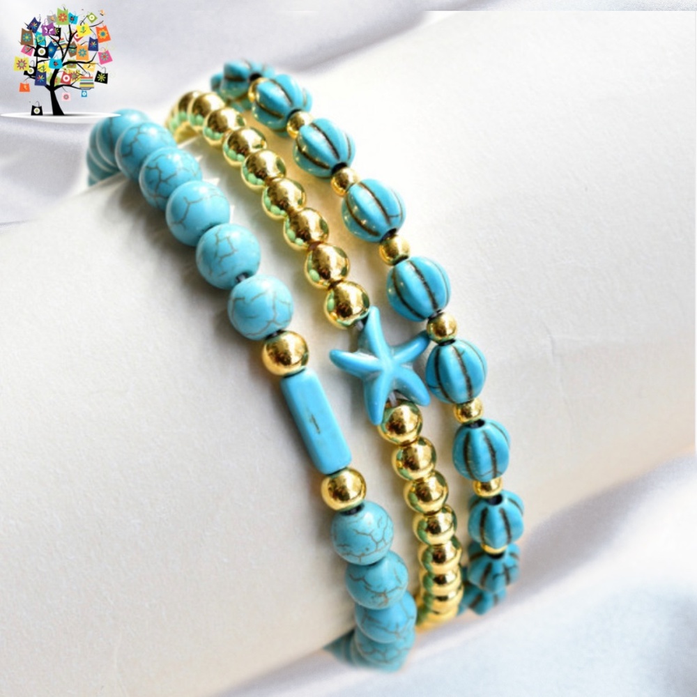 Stretch Bracelet Set of 3 Turquoise and Gold For Average Size Wrists - Picture 1 of 4